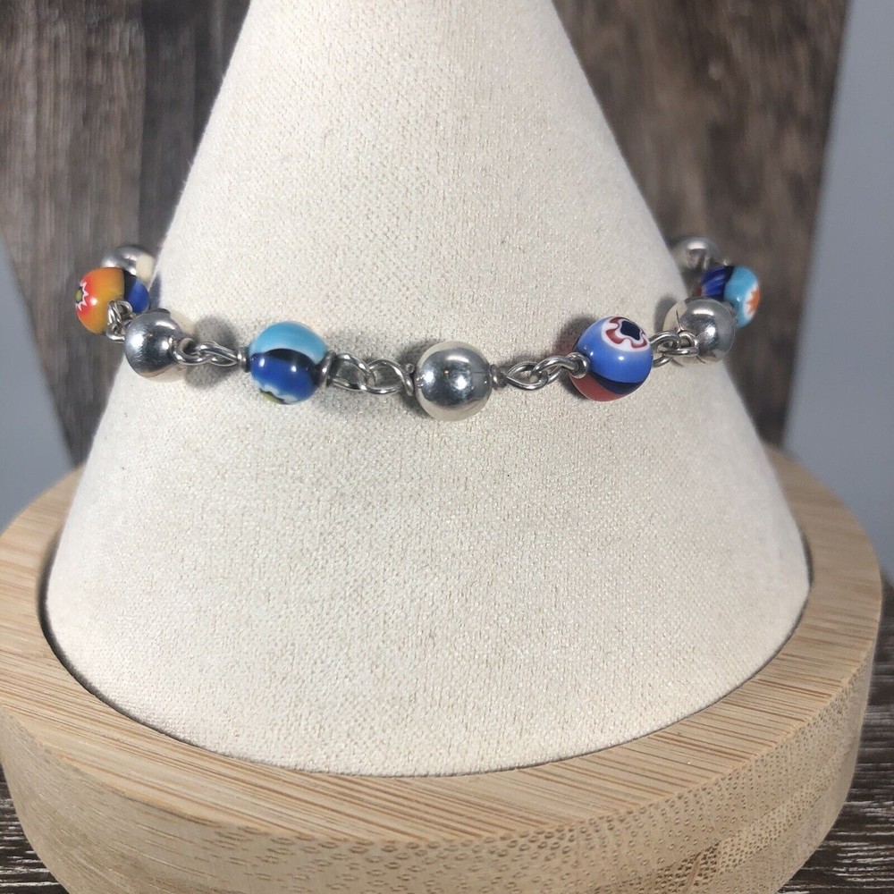 Vintage Sterling Silver 925 Millefiori Art Glass Flowers Beaded Bracelet 6.5”